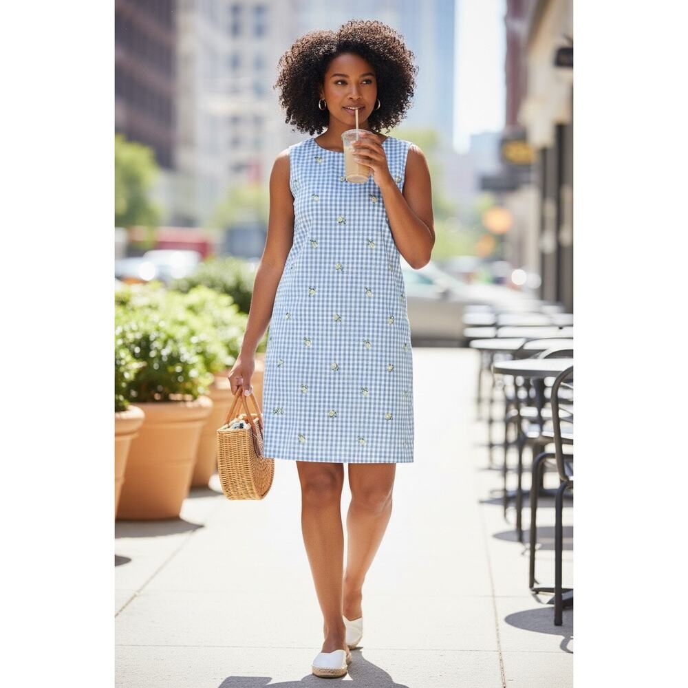 Kim Rogers Sz L Blue Gingham Lemon Embroidered Mini Length Shift Dress Cotton